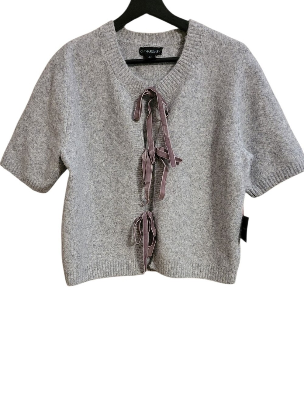 Cynthia Rowley Gray Ribbon Tie Front Short Sleeve Sweater